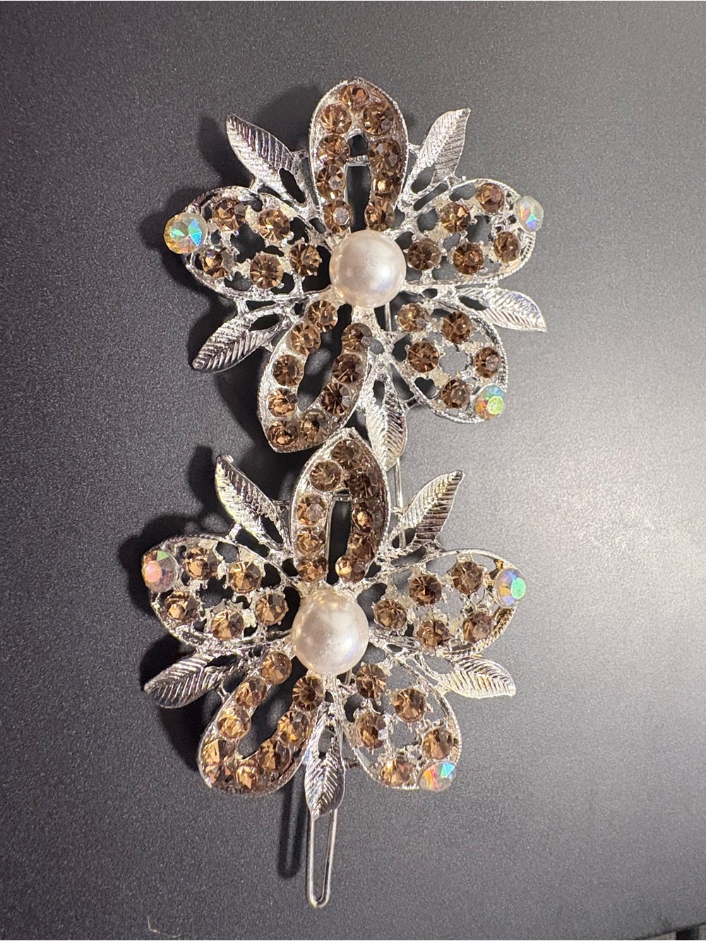 Rhinestone Flower Hair Clip Set - Brown Crystal & Pearl